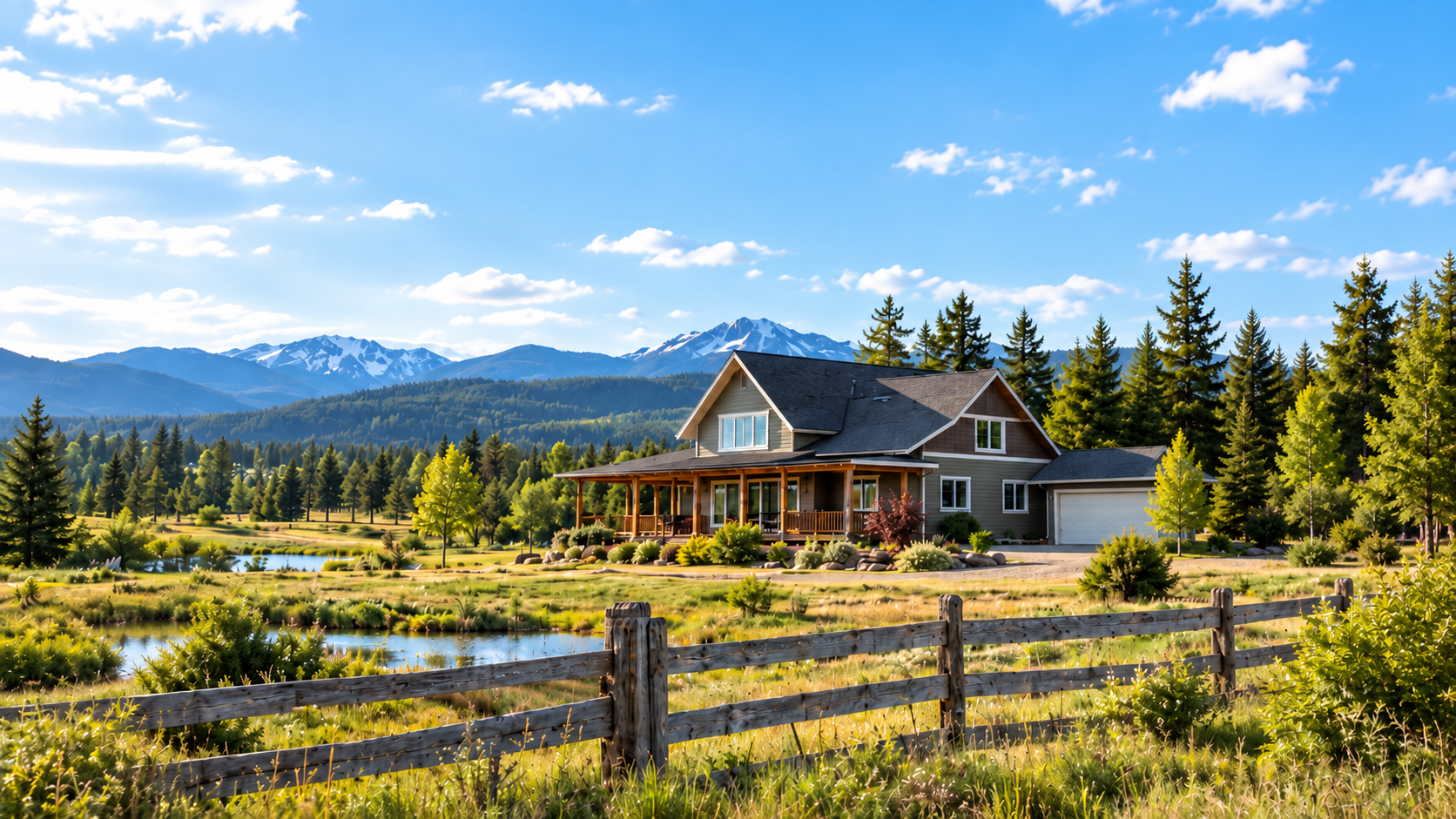 Rustic house by a meadow with wooden fence, pine trees, and mountains under a bright blue sky
