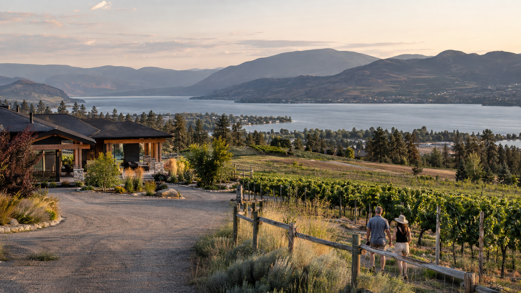 Vineyard at sunset overlooking a lake and mountains, with people walking along a gravel path