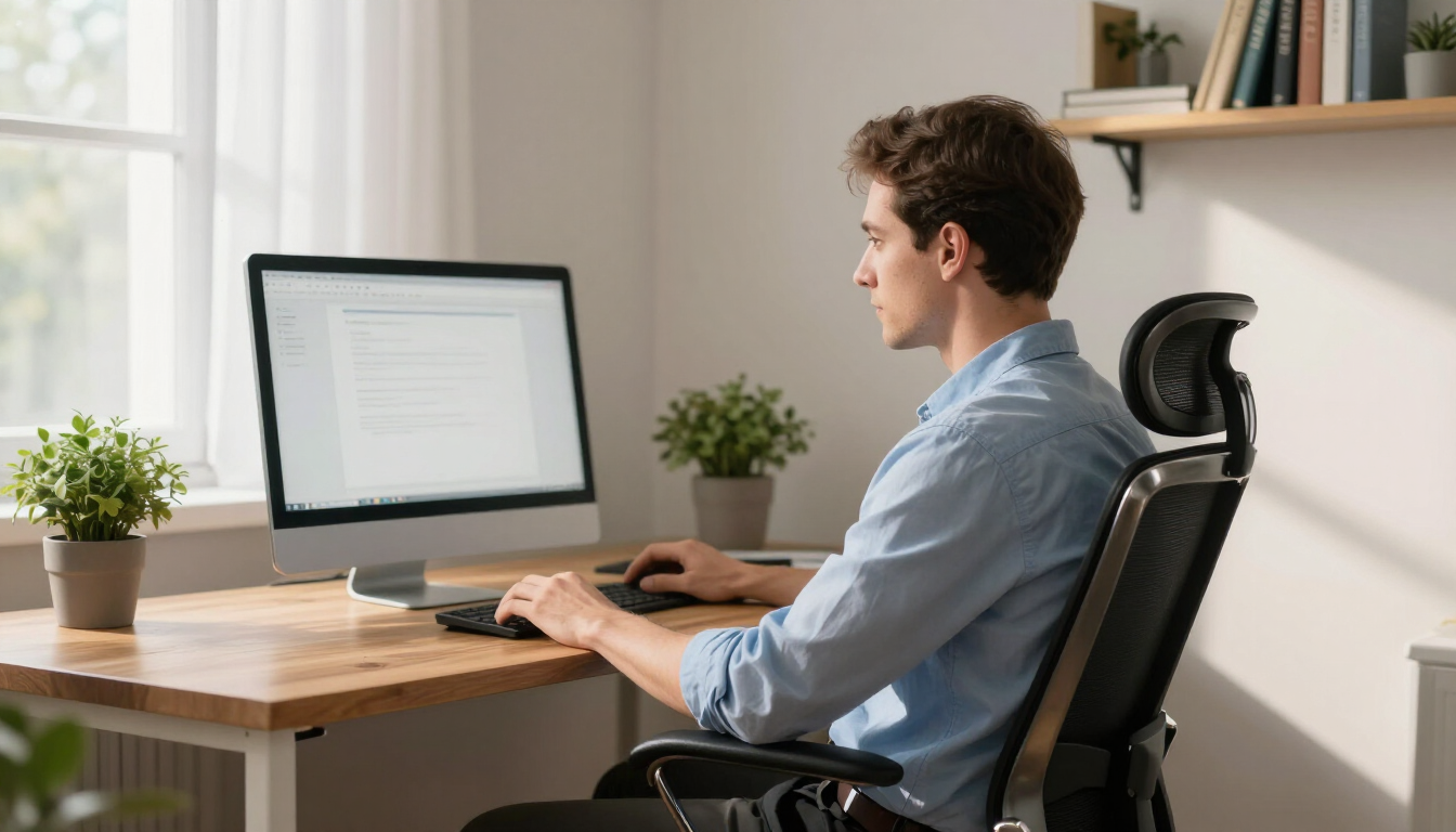 Person typing at a desktop computer in a bright home office with shelves and potted plants.