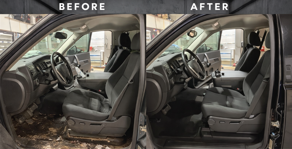 Before-and-after view of a damaged car interior cleaned and restored after debris removal
