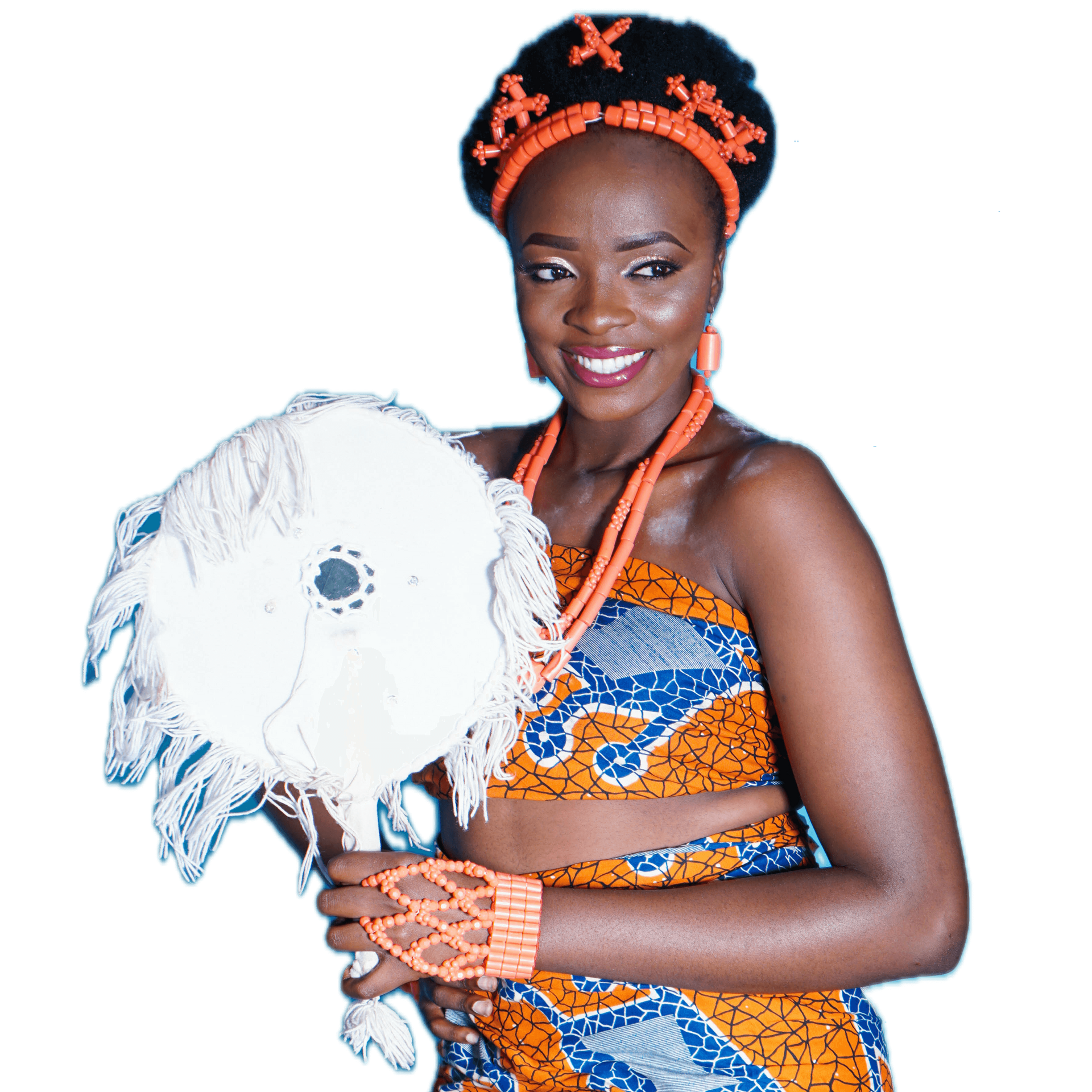 A woman in a traditional dress is holding a white fan.