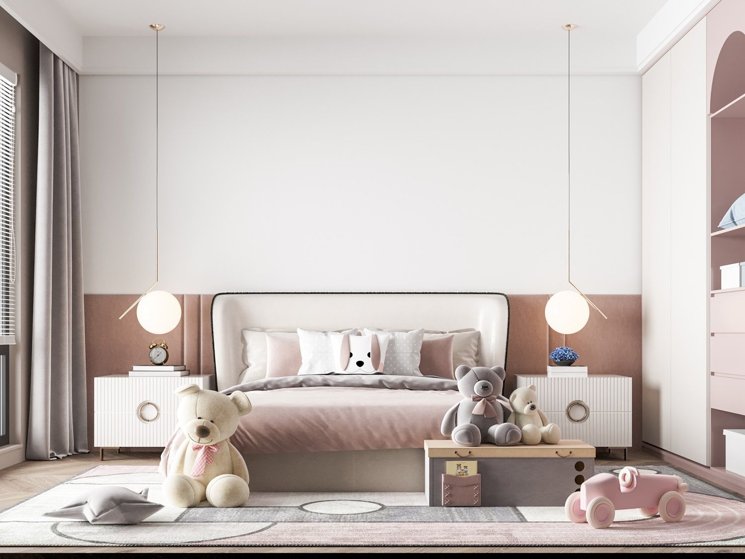 Soft pink children's bedroom with twin bed, stuffed animals, and bedside lamps