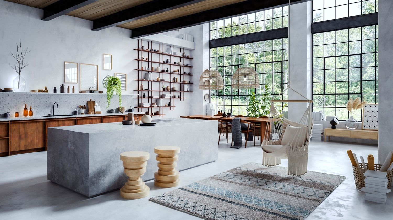 Modern loft kitchen and dining area with large windows, concrete island, wood beams, and a neutral rug