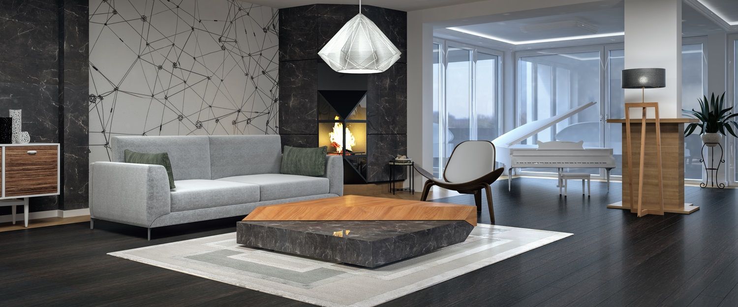 Modern hotel lobby with gray sofas, low wooden table, fireplace, and open view into a bright dining area