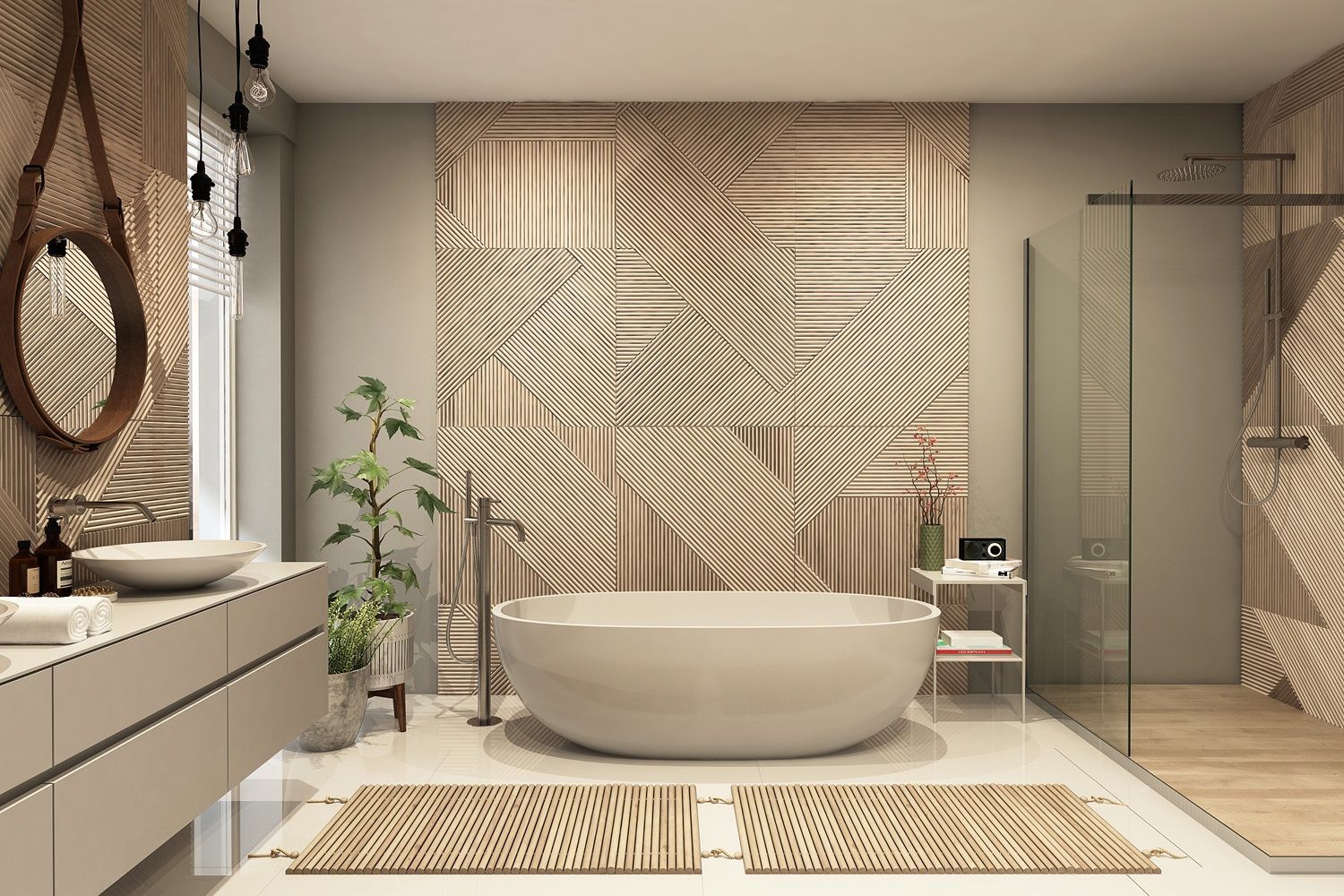 Modern beige bathroom with freestanding tub, double vanity, glass shower, and textured accent wall