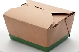 Brown cardboard takeout box with a green base, slightly open on a white background