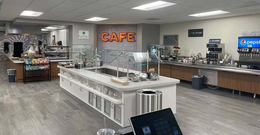 Convenience store cafe with bright orange