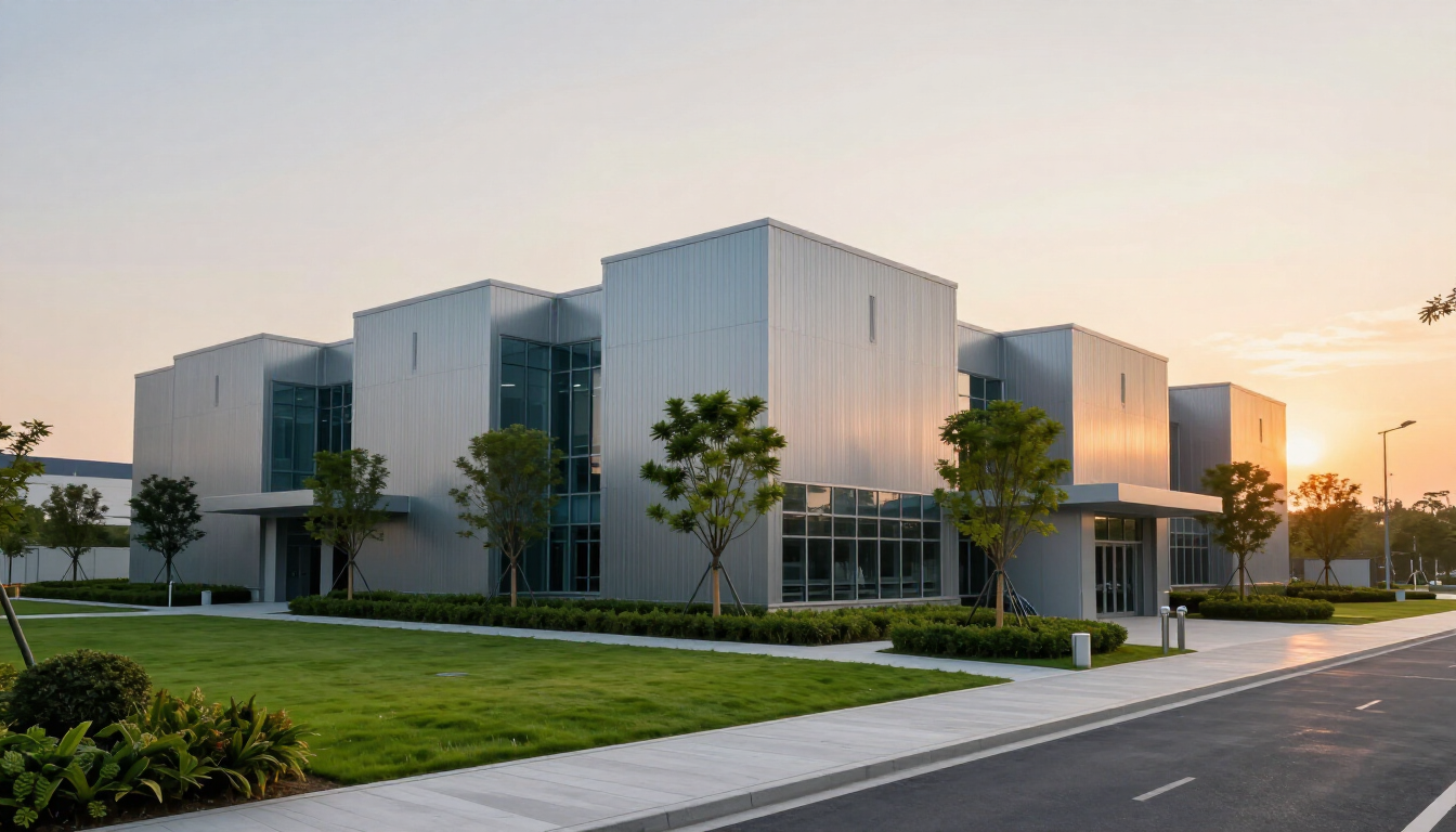 A modern data center facility near a residential area at sunset.
