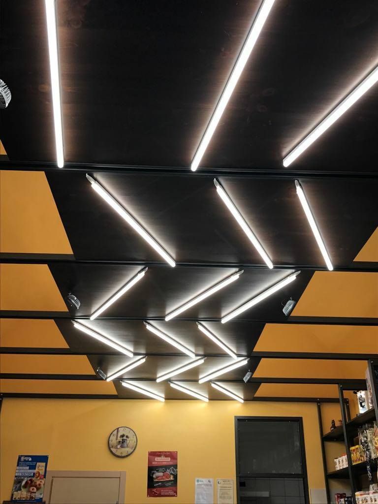 Un soffitto con molte luci