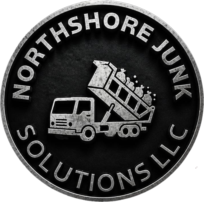 Northshore Junk Solutions LLC logo with a tow truck lifting a dumpster on a black circle badge