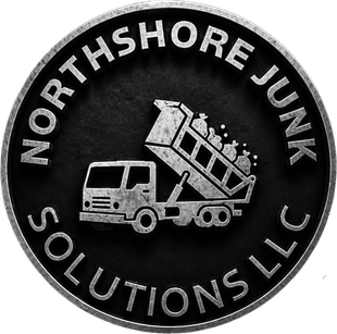 Northshore Junk Solutions LLC logo with a tow truck lifting a dumpster on a black circle badge