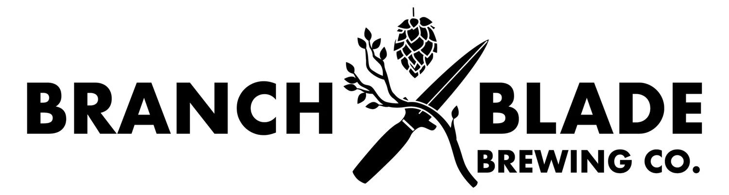 Branch Blade Brewing Co. logo with crossed blade tools and pinecone graphic in black and white.