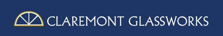 Claremont Glassworks logo on a navy background with a yellow arch icon and white text