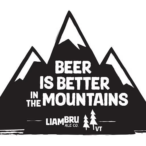 Black-and-white mountain logo with text: “Beer is Better in the Mountains,” Liambru Ale Co.