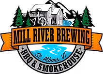 Mill River Brewing BBQ & Smokehouse logo with a mill, trees, and blue river ribbon
