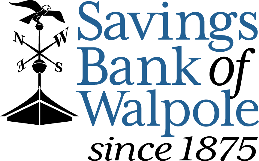 Savings Bank of Walpole logo with black weather vane and blue text