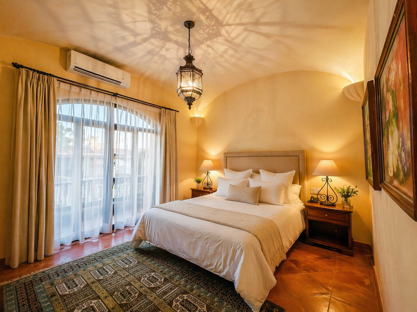 Un dormitorio en tonos cálidos con una cama de matrimonio, una lámpara de techo tradicional, una alfombra estampada y cortinas transparentes que van desde el suelo hasta el techo.