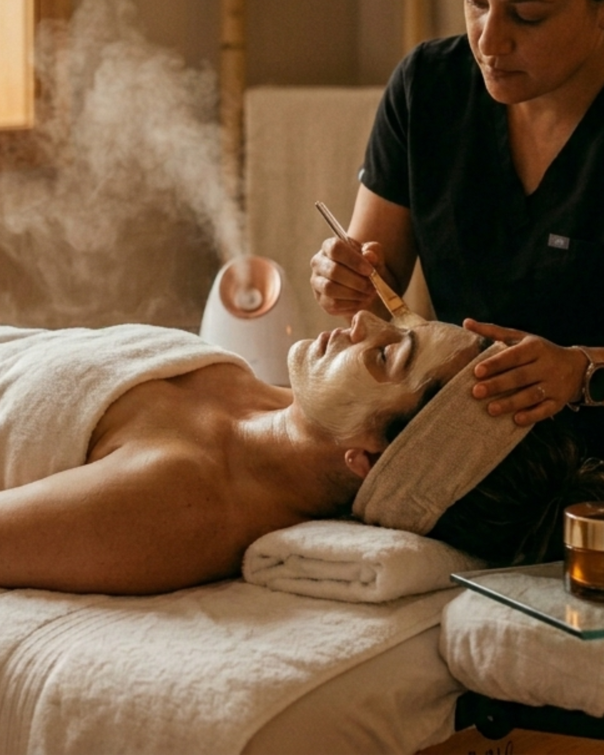 Una profesional del spa aplica una mascarilla facial a una clienta que está tumbada en una camilla de tratamiento bajo un vaporizador facial.