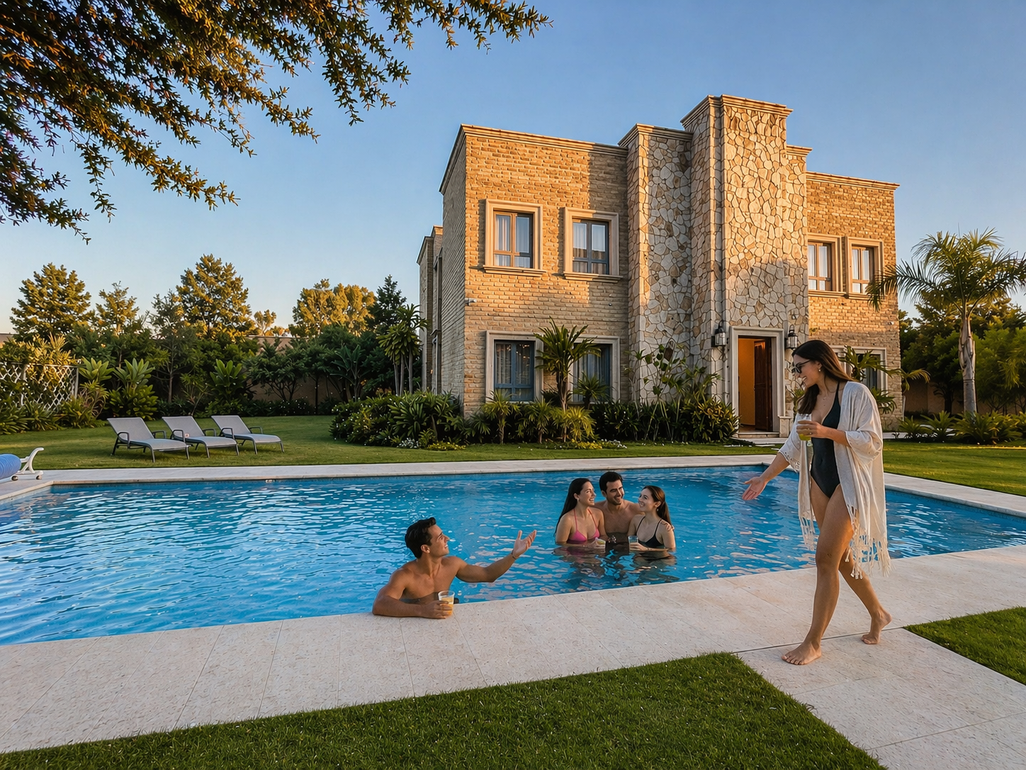 Un grupo de personas se relaja en una piscina frente a un edificio de piedra de color tostado bajo un cielo azul despejado.