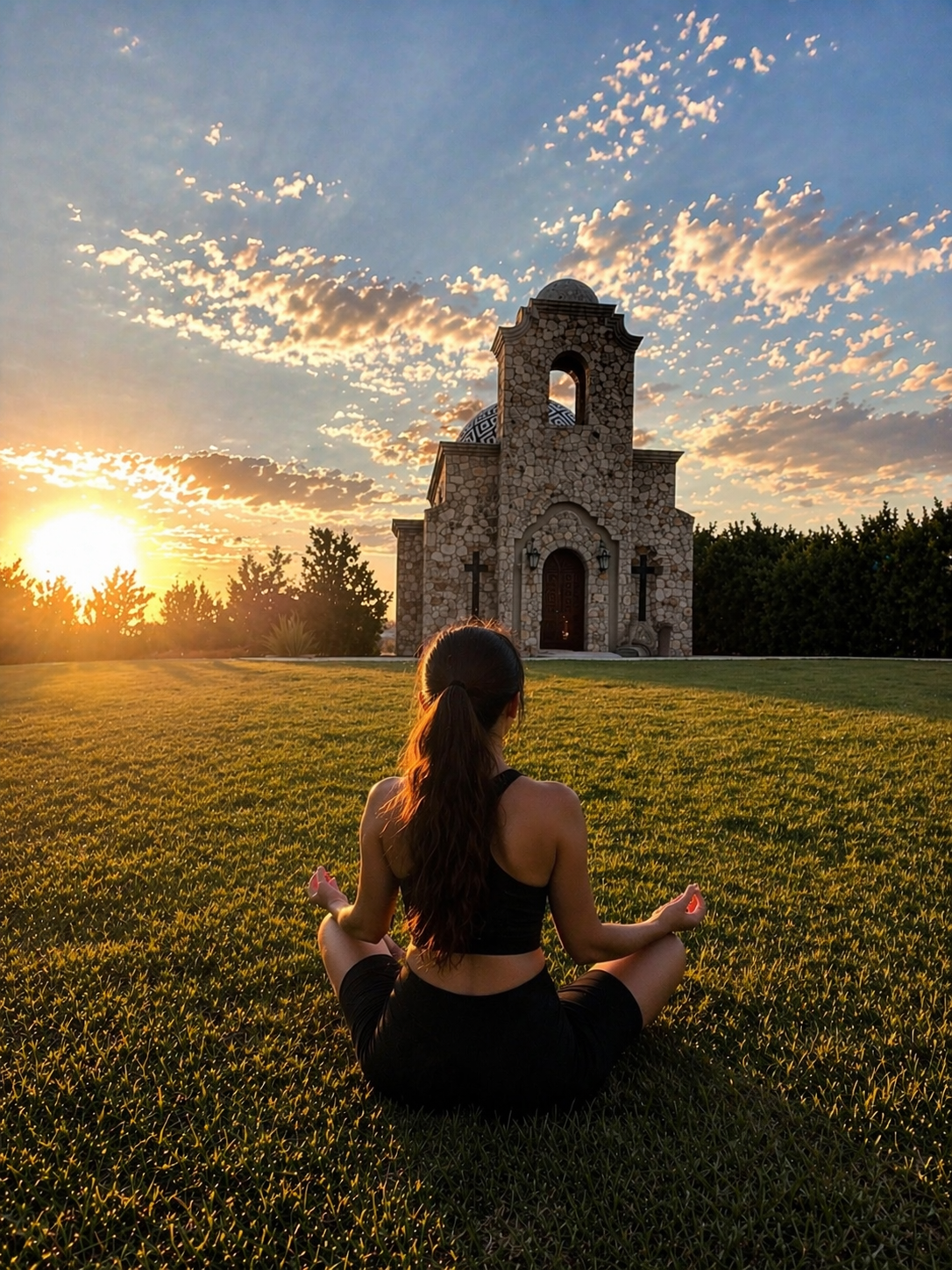 Una persona se sienta en postura meditativa sobre un campo de hierba frente a una capilla de piedra al atardecer.