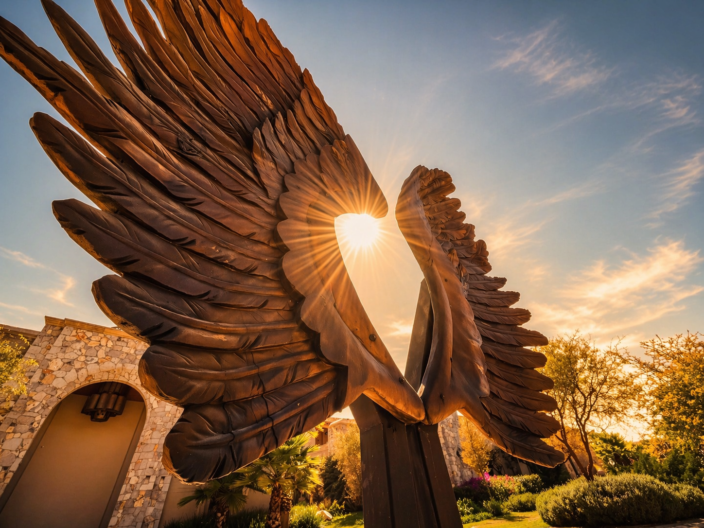 Una gran escultura de alas de ángel de color bronce enmarca la puesta de sol en un jardín luminoso y bañado por el sol.