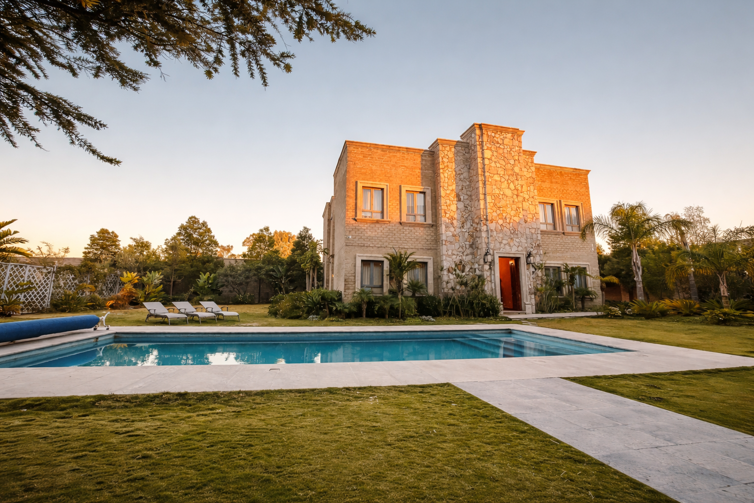 Una mansión de piedra con una piscina en primer plano, situada en un exuberante jardín durante una puesta de sol dorada.