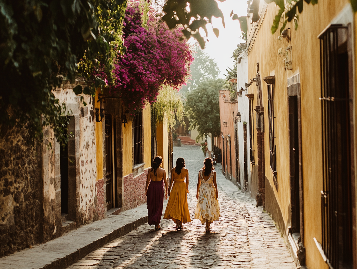 Invitadas de boda caminando por una calle empedrada de San Miguel de Allende rumbo a la hacienda