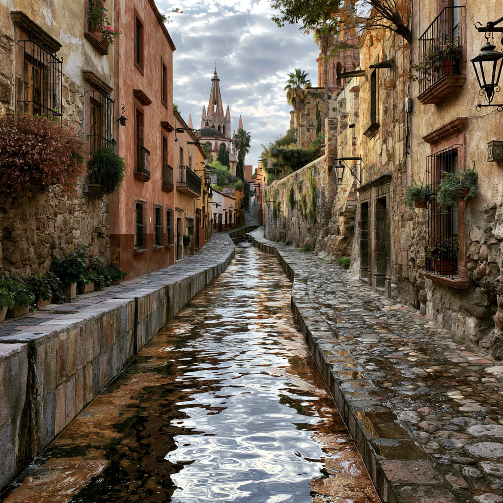 Calle empedrada del centro de San Miguel de Allende, clima y temporada para bodas