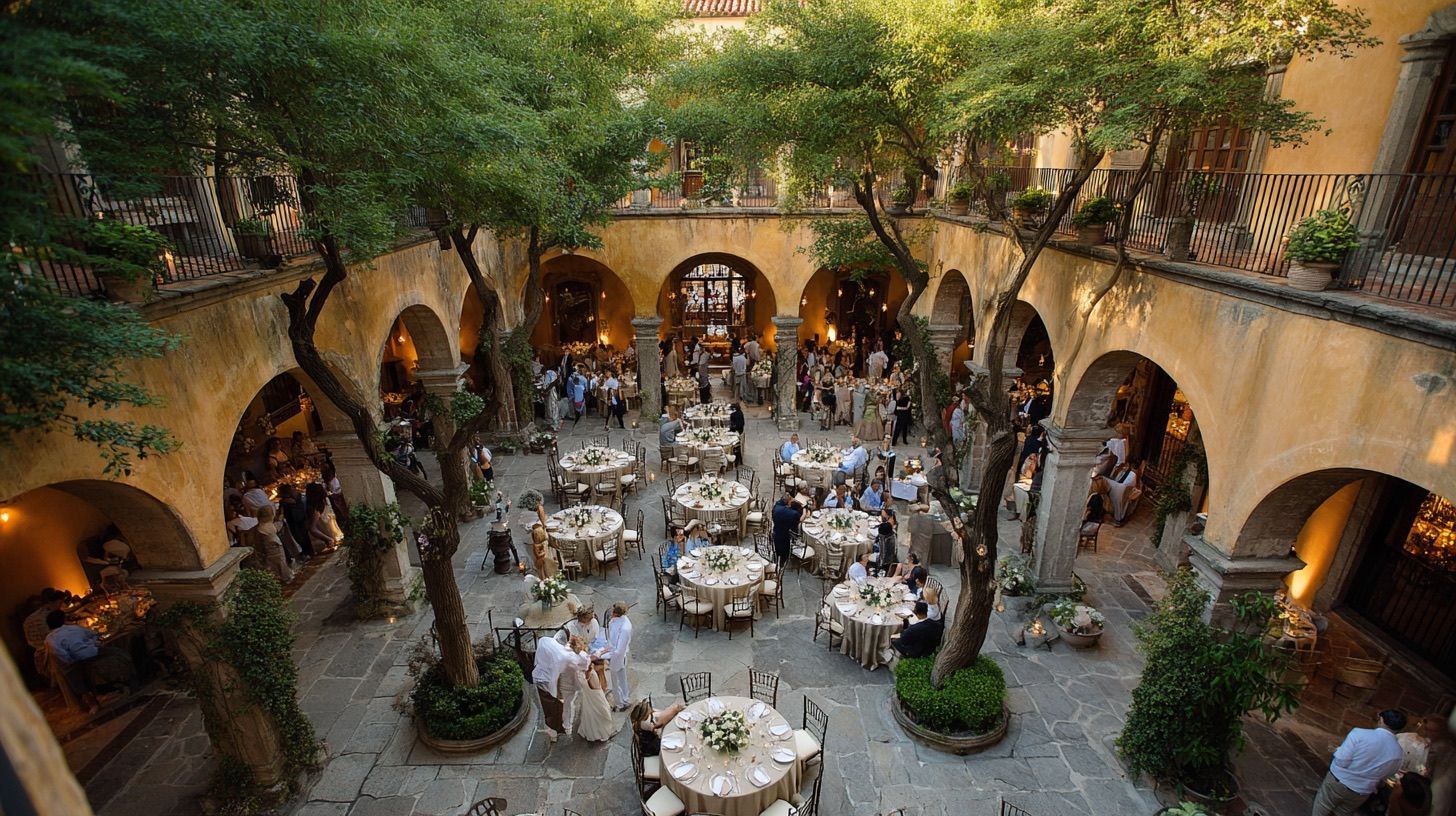 Recepción de boda en el patio de una hacienda colonial con mesas redondas, vista desde lo alto