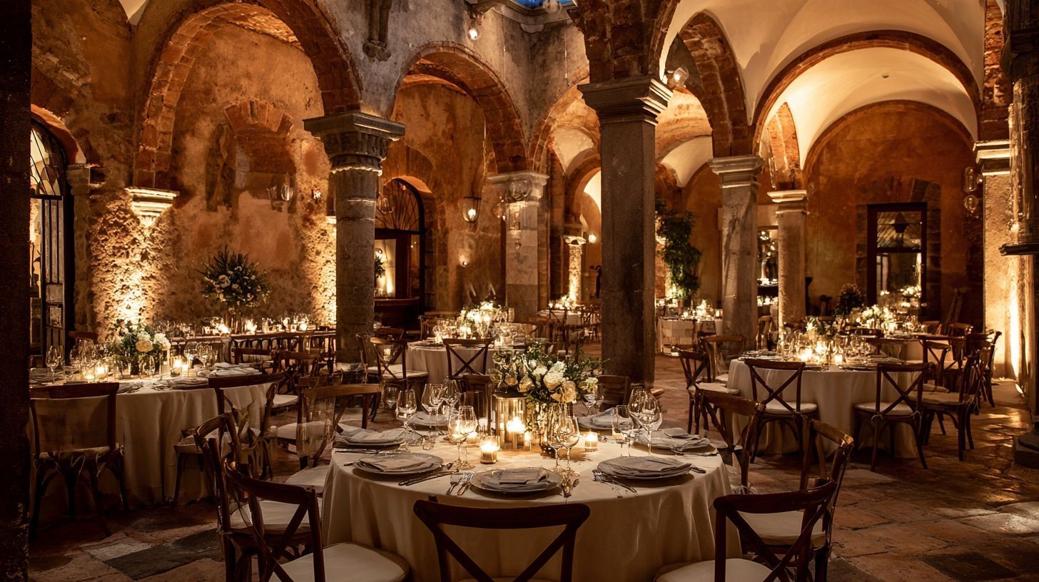 Mesas redondas de boda con iluminación cálida en una hacienda