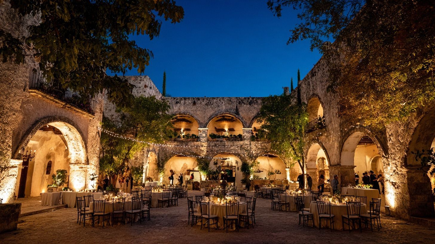 Patio de hacienda con mesas redondas y arcos iluminados al anochecer