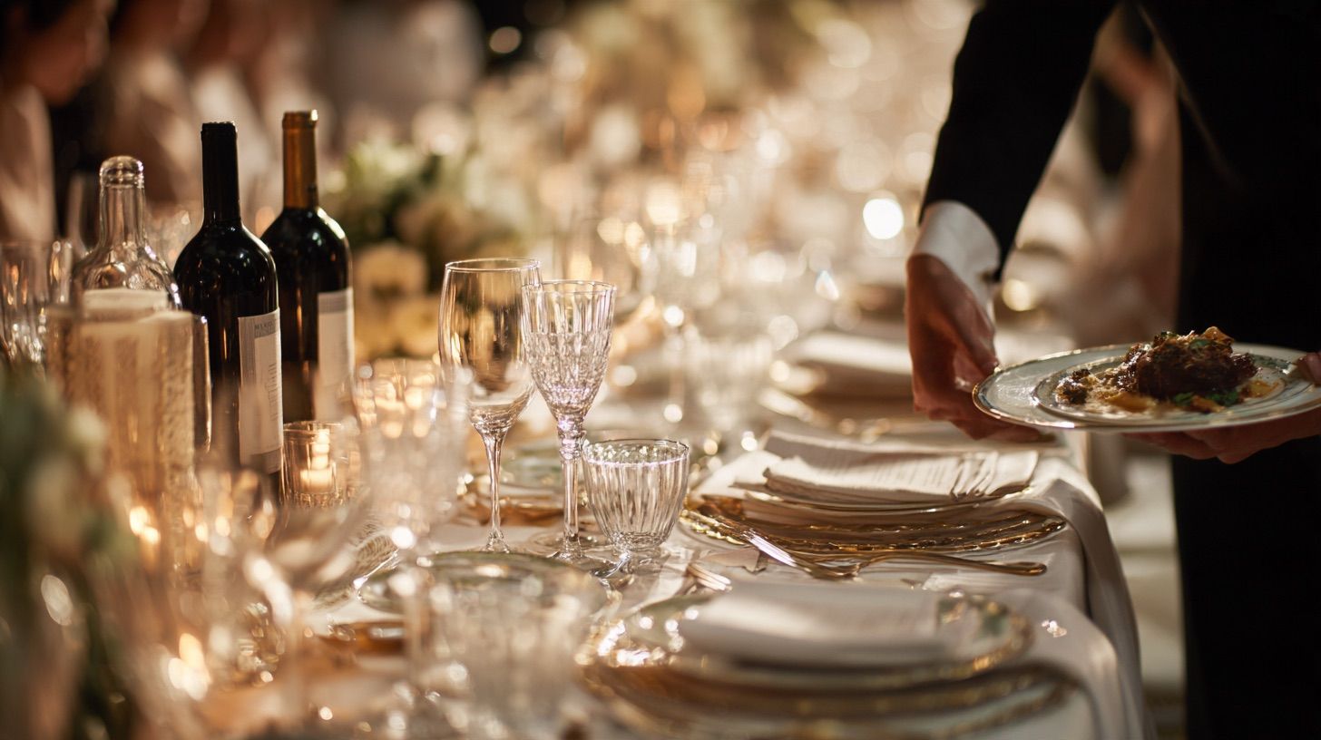 Mesero sirviendo un plato en una mesa de banquete con copas y vino durante una boda