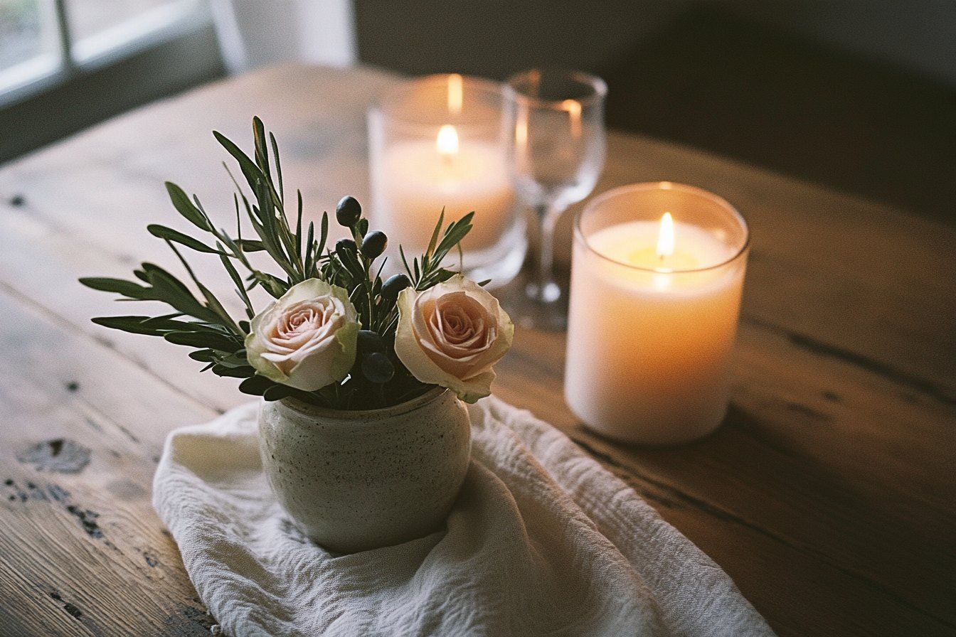 Detalle de mesa de boda con arreglo bajo y velas en Hacienda Los Arcangeles, San Miguel de Allende