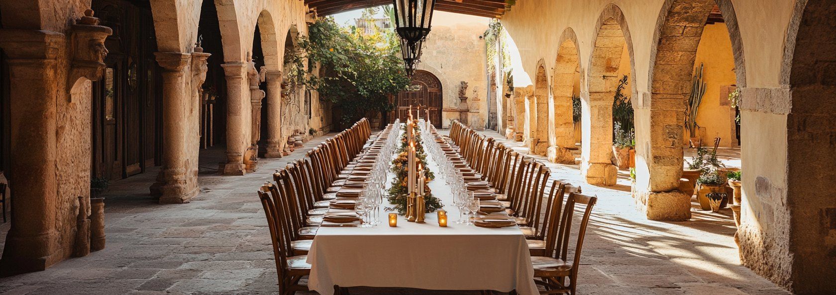 Mesa imperial montada bajo los arcos de piedra de Hacienda Los Arcangeles en San Miguel de Allende