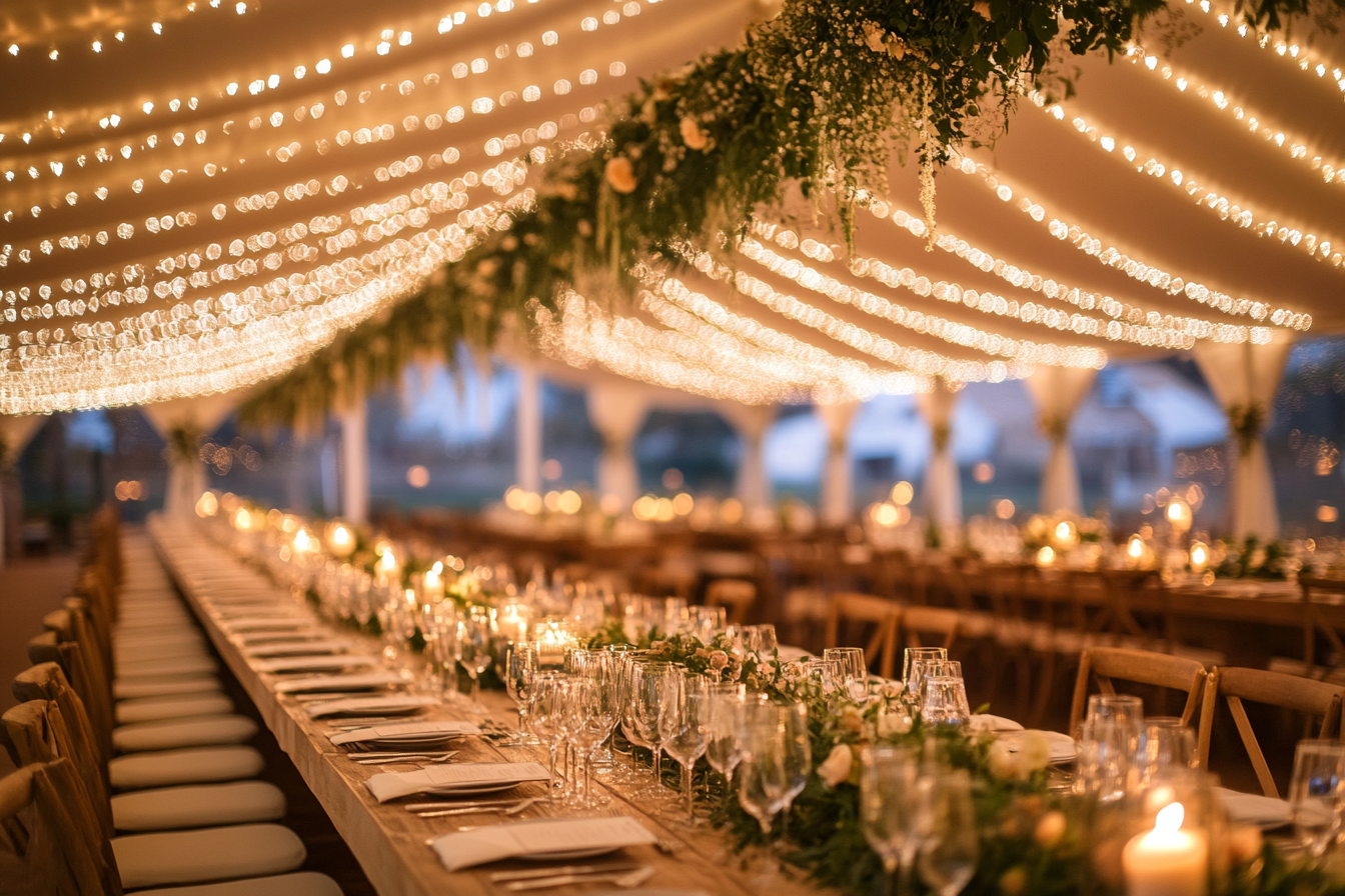 Interior de una carpa de boda montada de noche, con mesas largas, cristalería e instalaciones florales colgantes