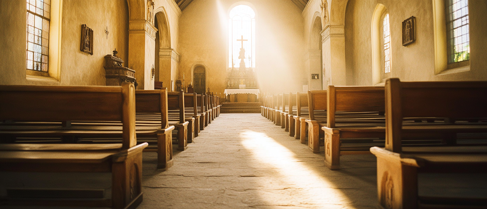 Interior vacío de una iglesia colonial en San Miguel de Allende con la luz de la mañana sobre las bancas de madera