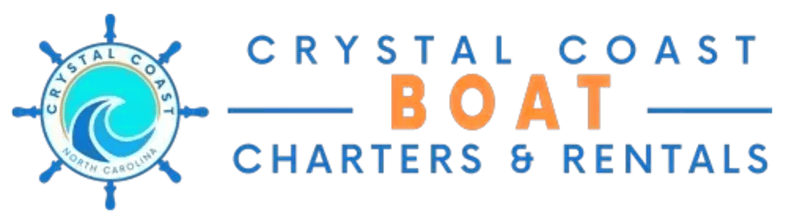 Crystal Coast Boat Charters & Rentals logo with blue ship wheel and blue-orange text