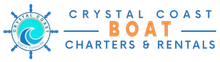 Crystal Coast Boat Charters & Rentals logo with blue ship wheel and blue-orange text