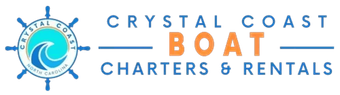 Crystal Coast Boat Charters & Rentals logo with blue ship wheel and orange text