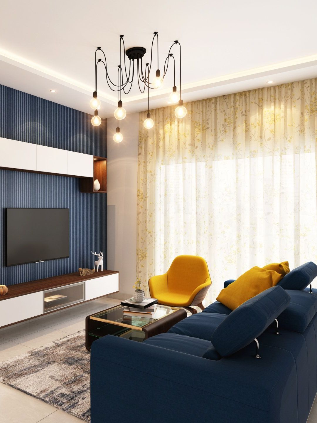 A living room with a blue couch and a yellow chair