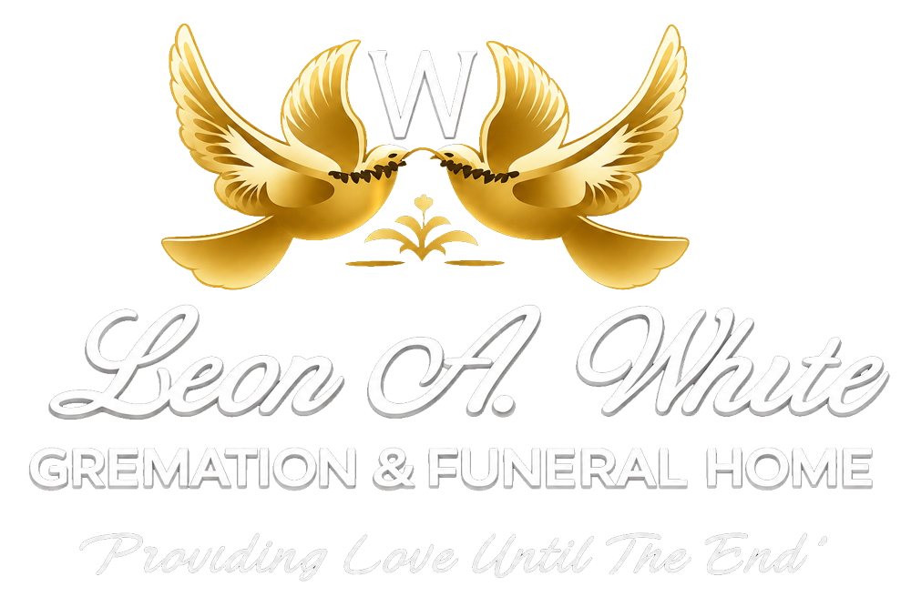 Logo for Leon A. White Cremation & Funeral Home with gold wings and a white “W” on a light background