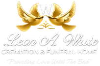 Logo for Leon A. White Cremation & Funeral Home with gold wings and a white “W” on a light background
