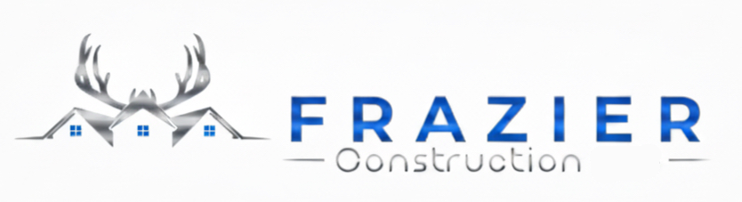 Frazier Construction logo with blue text and a deer antler roofline graphic