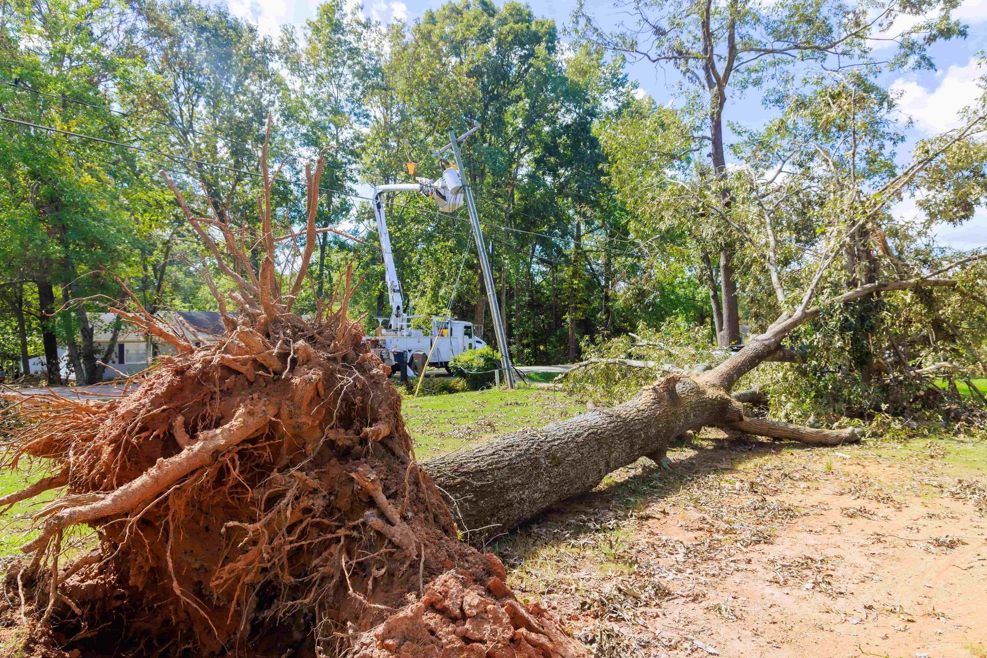 Uprooted tree trunk sprawled across a yard, with a utility truck and trees in the background.