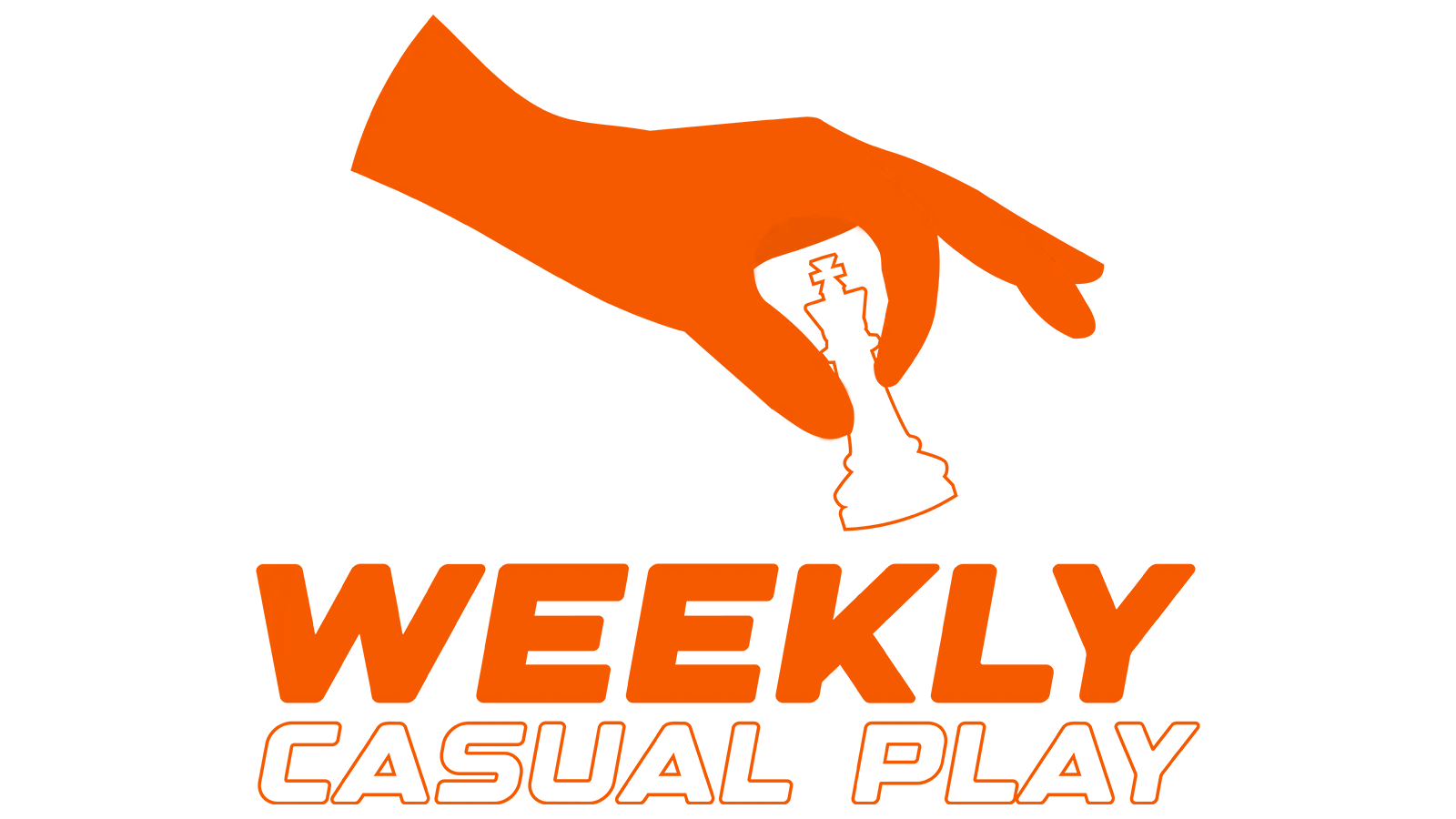 A logo for weekly casual play with a hand holding a chess piece