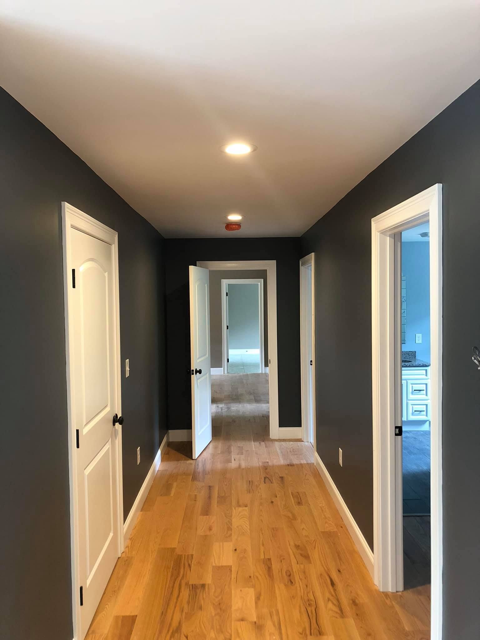 Long hallway with dark gray walls, light wood floor, and white doors.