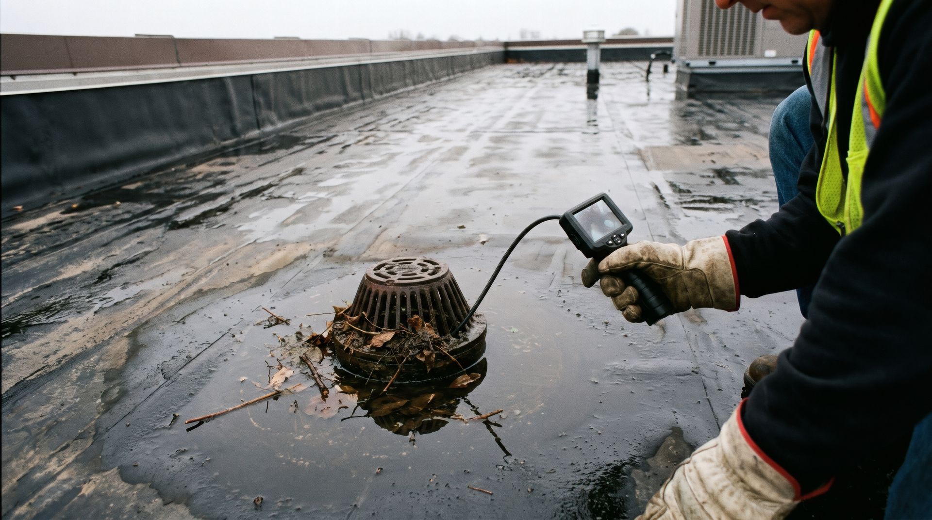 Commercial roof installation inspection of a clogged drain and ponding water on a flat roof