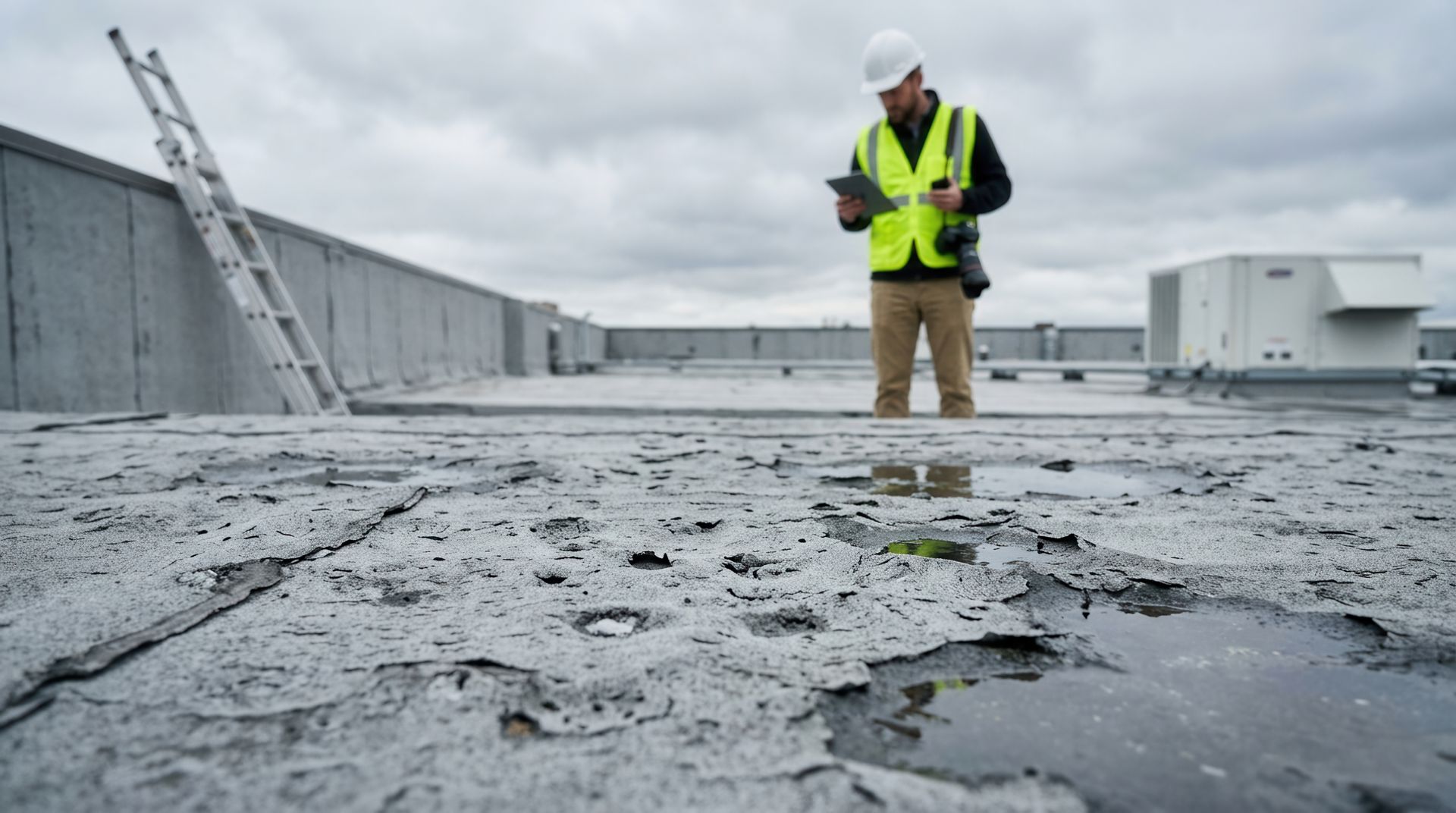Commercial roofing solutions inspector checking a worn flat roof surface for damage