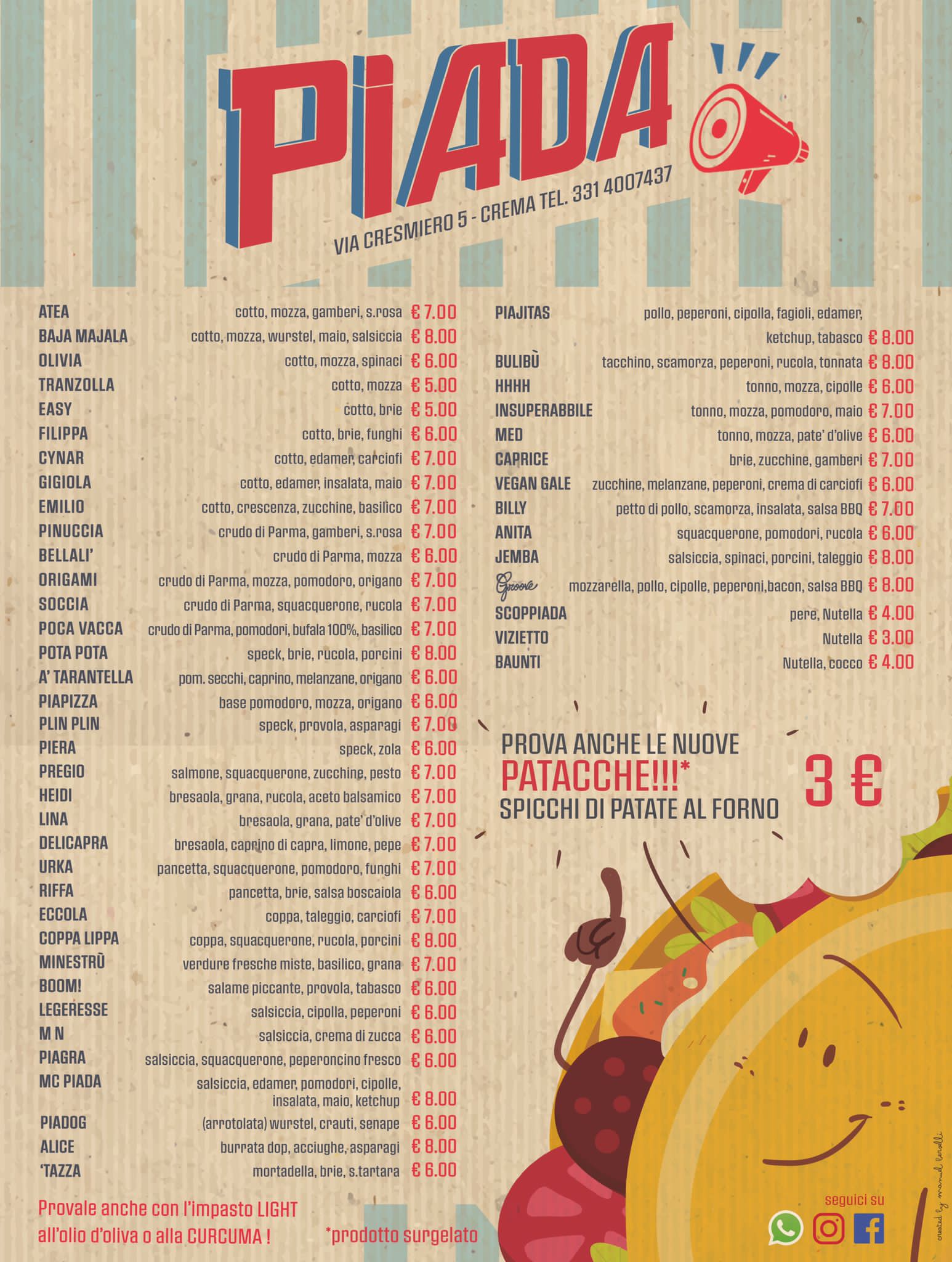 Menù piadina Crema, CR Piada piadineria