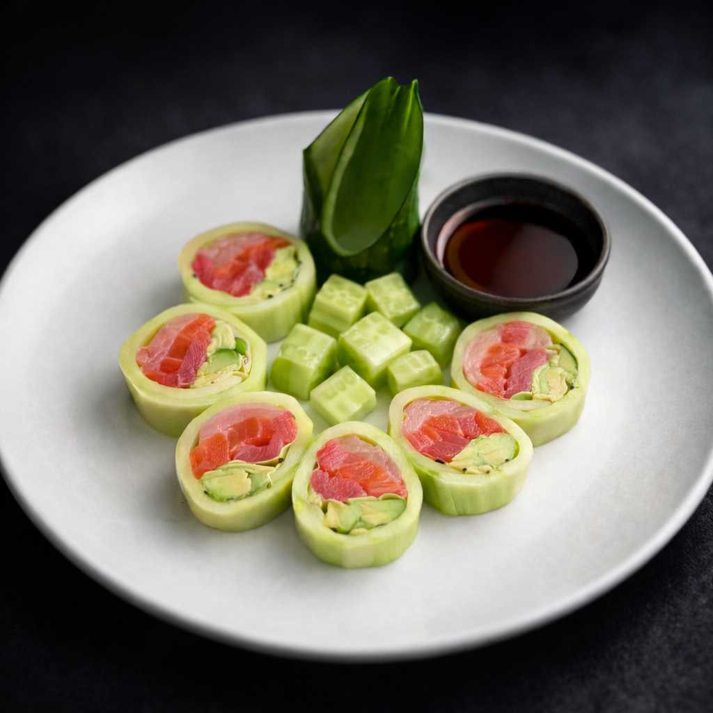 Sushi rolls arranged on a white plate with avocado, cucumber, tuna, and soy sauce dipping cup